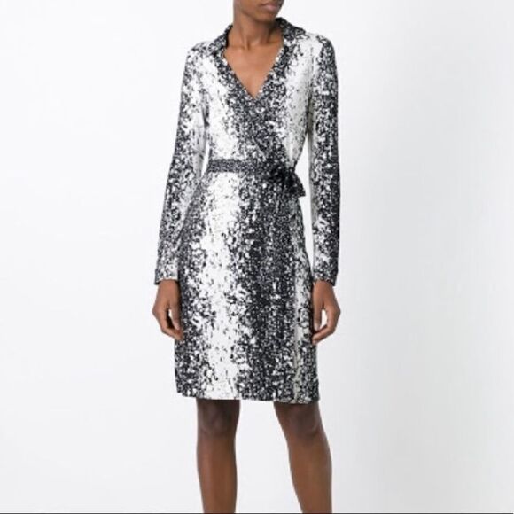 Diane Von Furstenberg Lilyann Print Silk Wrap Dress In Black White sz 0 - Picture 4 of 14
